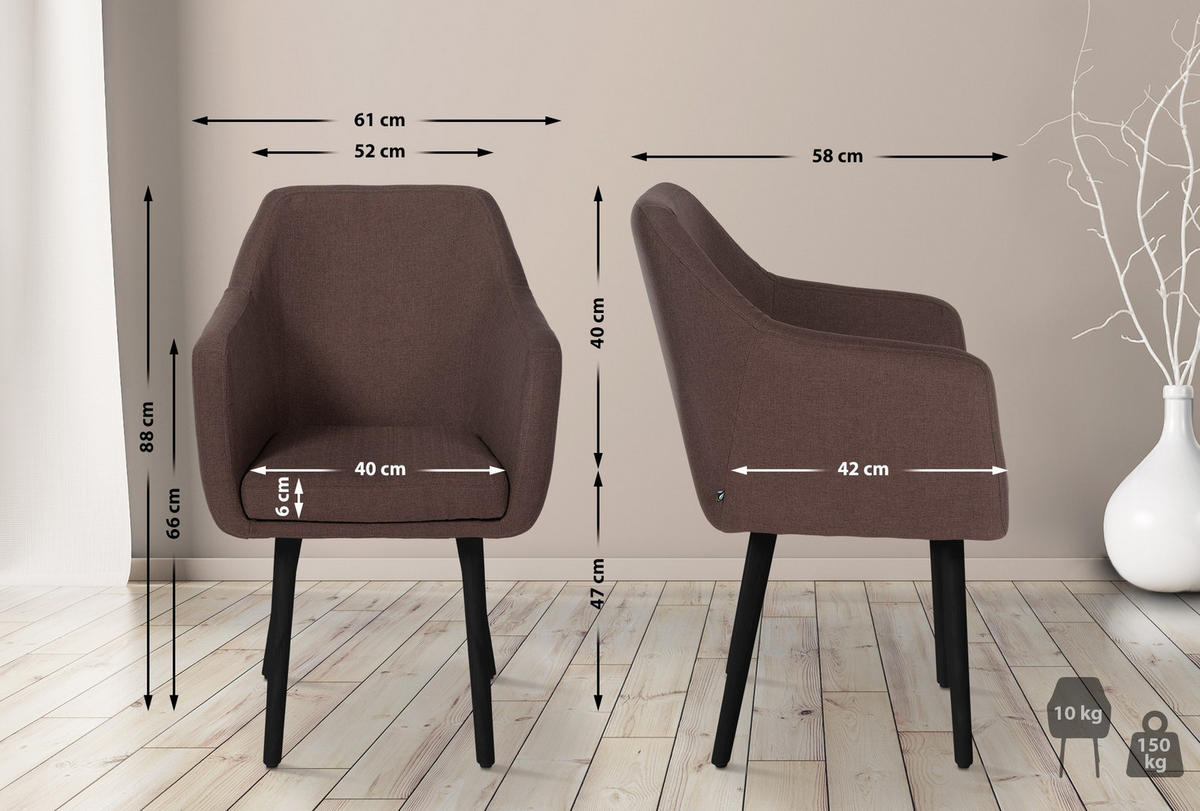 ARMLEHNENSTUHL Stoff braun - Schwarz/Braun, Holz/Textil (61/88/57.5cm) - CLP