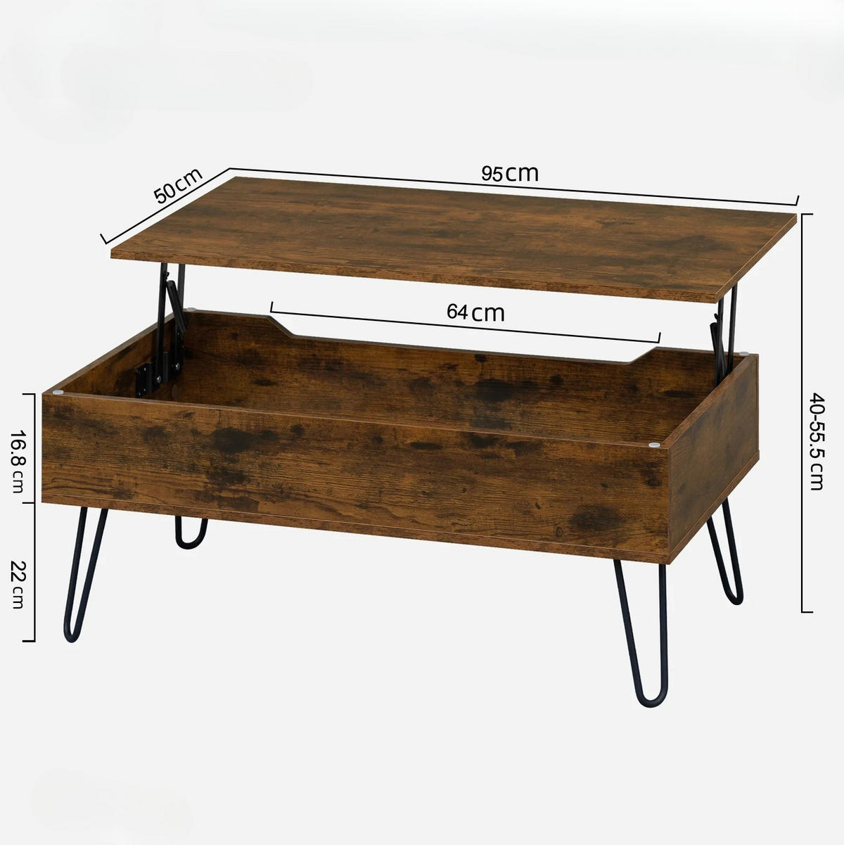 COUCHTISCH 95/50 cm höhenverstellbar mit Stauraum in Rustikal Braun - Braun, Holzwerkstoff (95/50/55.5cm) - Flora Grace
