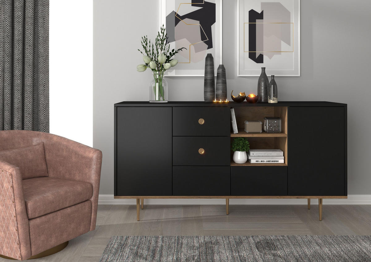 SIDEBOARD Harmoni, Schwarz, Eiche, Goldene Details - Goldfarben/Schwarz, Holzwerkstoff/Metall (160/83/45cm) - Skandica