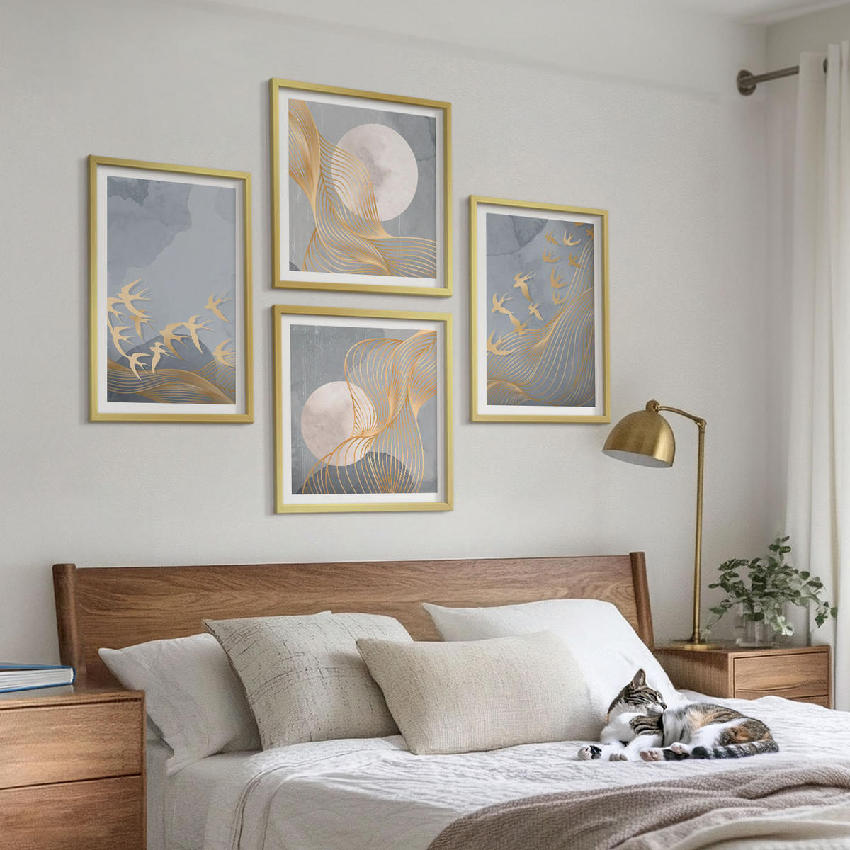 BILDER SET 4er Set - 50x50 cm & 40x60 cm Goldrahmen - Vögel im Flug, Himmel, Mond - Goldfarben, Kunststoff (50/50cm) - TULUP