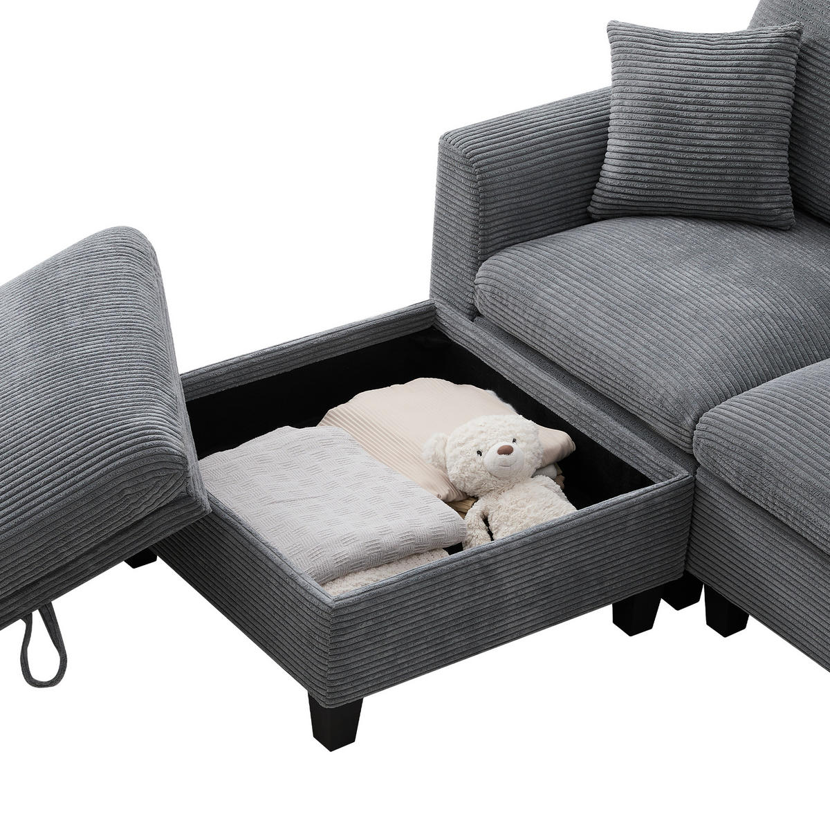4-SITZER ECKSOFA Cord Grau mit USB, Becherhaltern und Stauraum - Grau, Holzwerkstoff/Kunststoff (229/149.5cm) - WISHDOR