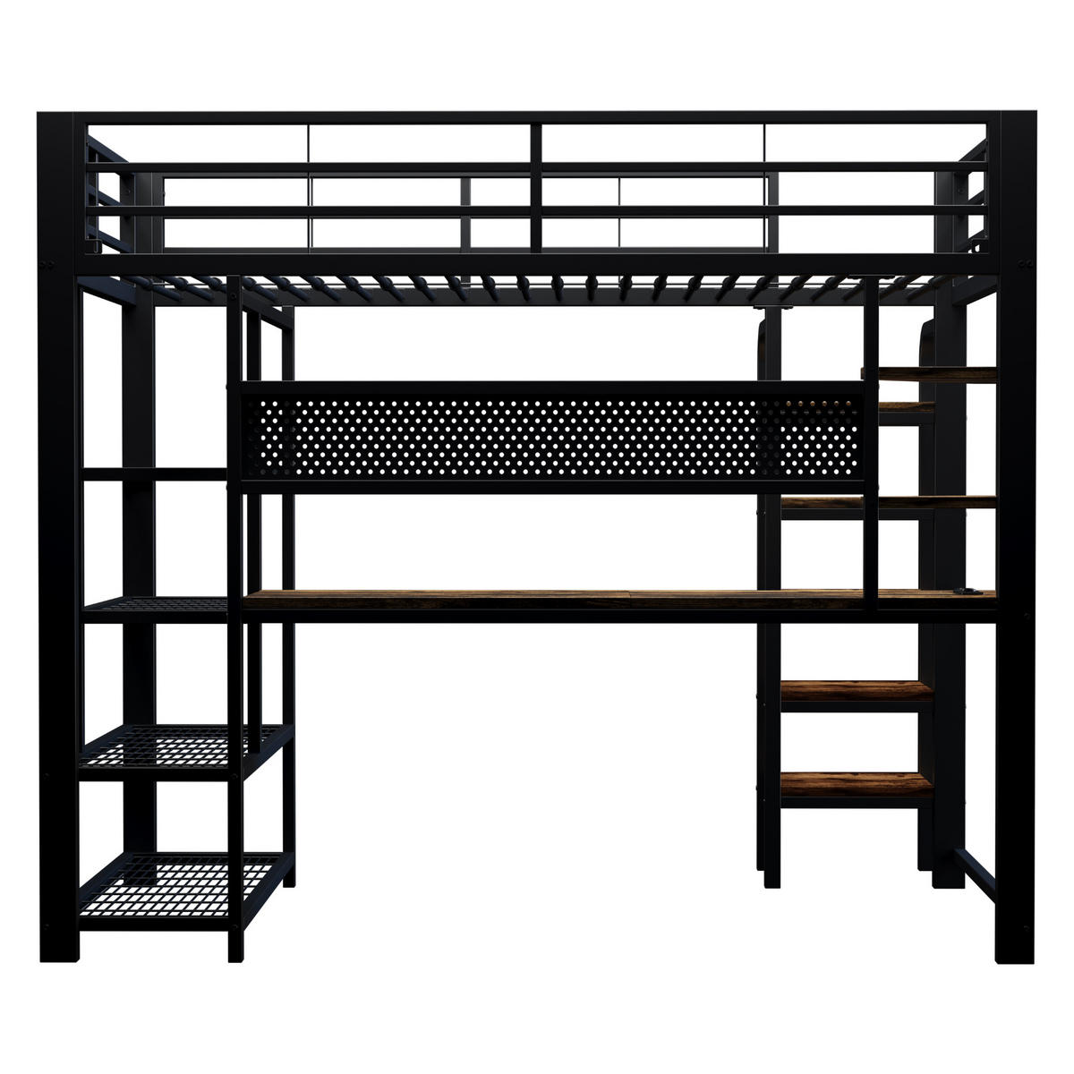 HOCHBETT 90/200 cm in Schwarz mit LED, Steckdosen, Schreibtisch und Ablagen - Schwarz, Holzwerkstoff/Metall (90/200cm) - WISHDOR