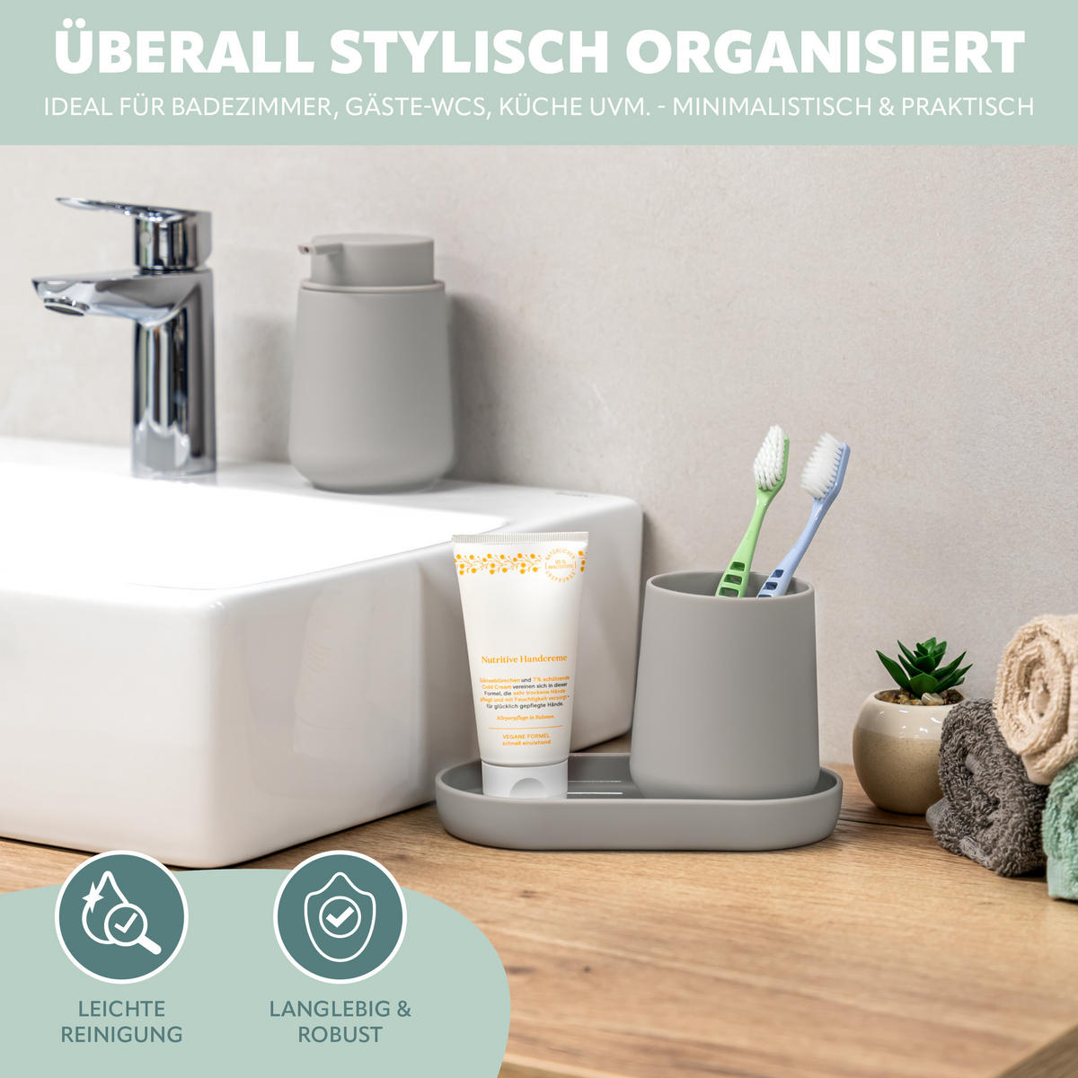 BAD-ACCESSOIRES-SET TESERO, Soft-Touch, taupe - Taupe, Kunststoff (18.5/13.5/10cm) - eluno