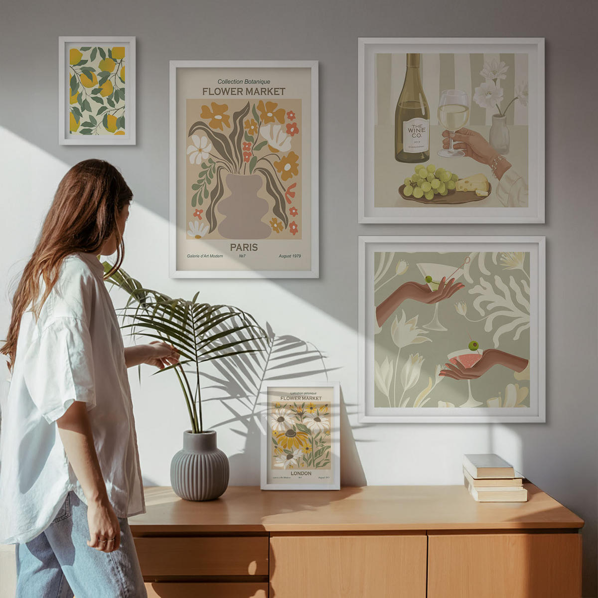 WANDBILDER 5er-Set - 50x50 cm & 20x30 cm & 40x60 cm Weißer Rahmen - Blumenposter Paris Mailand - Weiß, Kunststoff (40/60cm) - ArtPrintCave