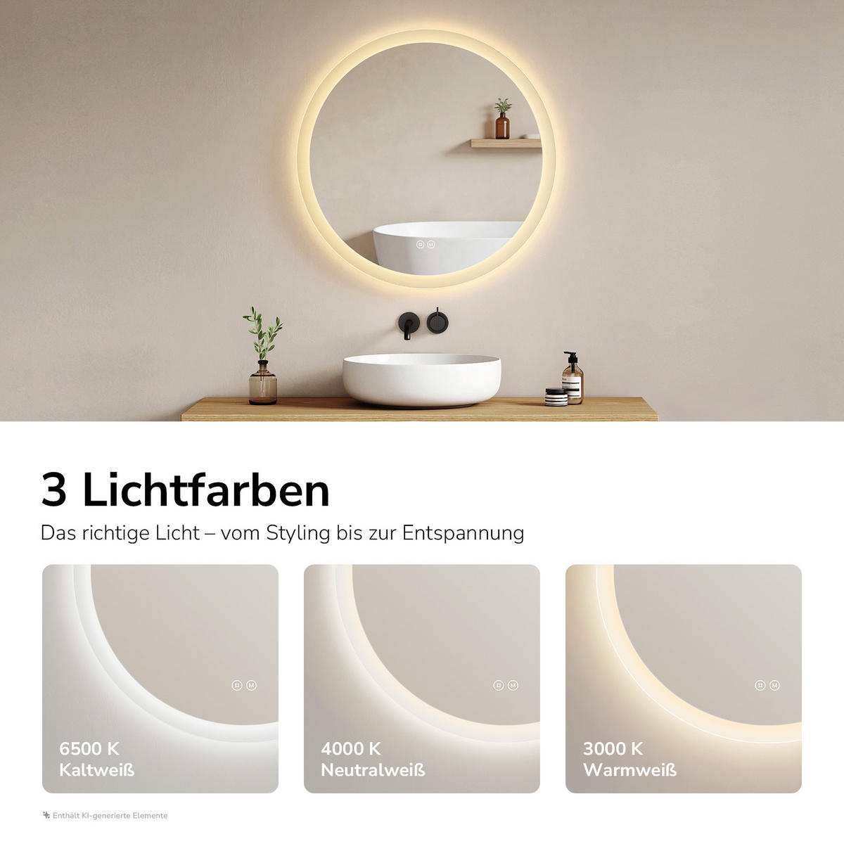 OGLINDA de baie cu LED-uri Ø 60 cm - transparent, sticlă (60/60/3.5cm) - EMKE