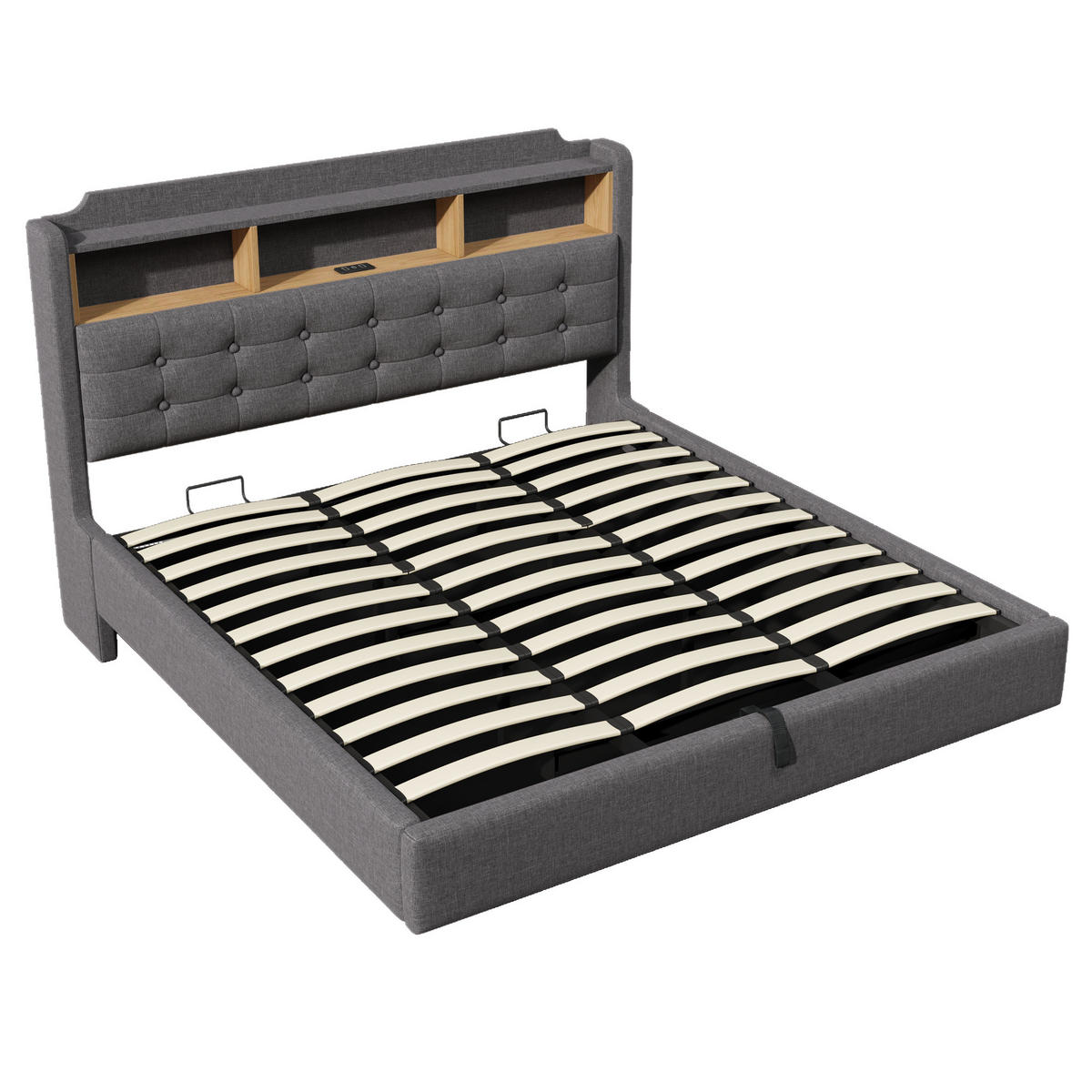 POLSTERBETT 180/200 cm mit Leinenstoff, LED-Licht und Stauraumfunktion - Grau, Textil