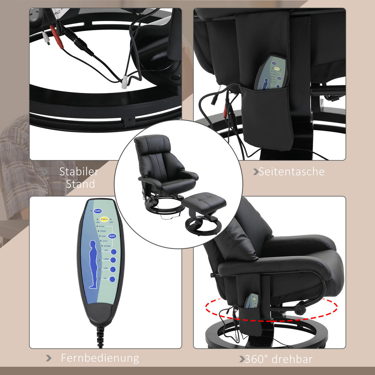 MASSAGESESSEL, Schwarz, Kunstleder - Schwarz, Leder (80/102/76cm) - HOMCOM