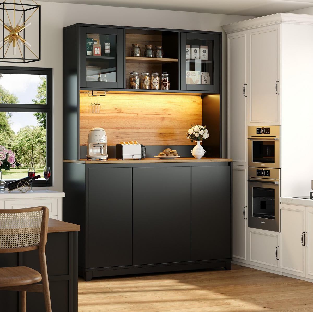 BUFFET 120/40/180 cm in Schwarz mit LED-Beleuchtung und Acryltüren - Schwarz, Holzwerkstoff (120/180/40cm) - Flora Grace