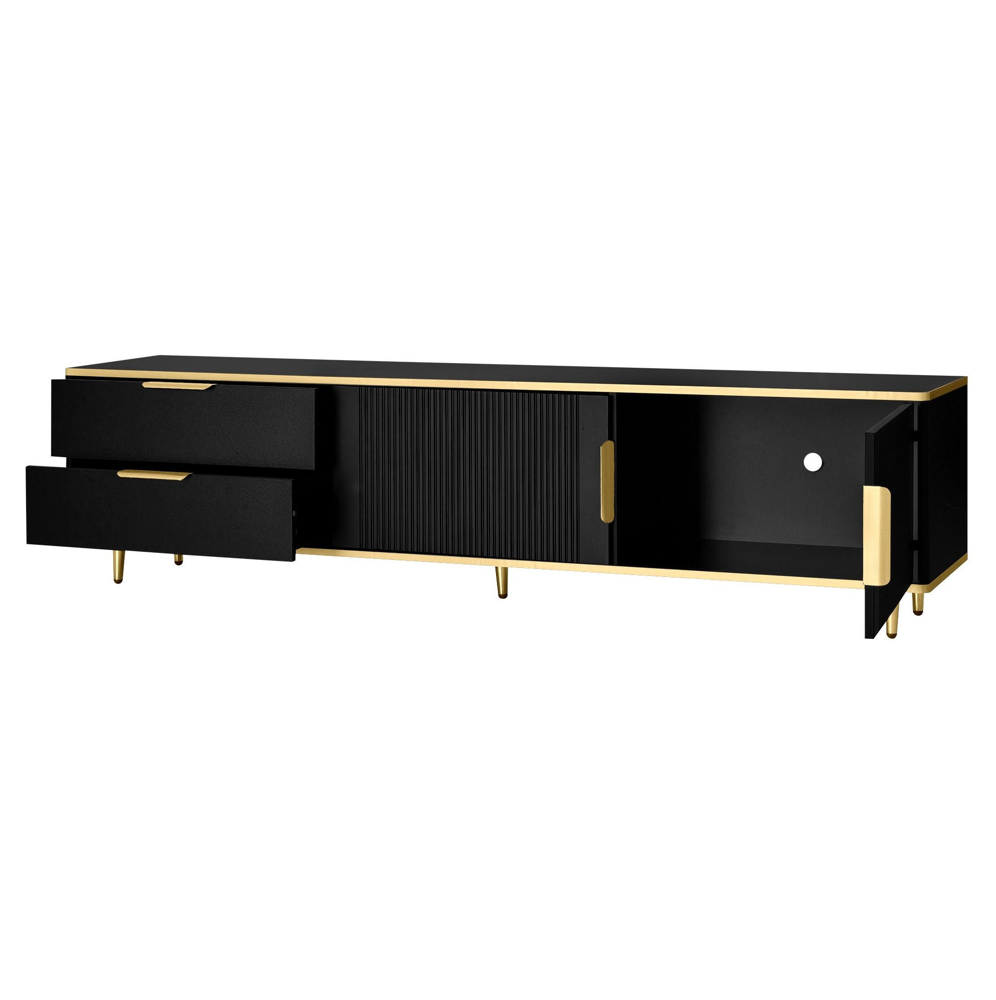 Redom TV stolek 170/45/37 cm se 2 zásuvkami a 2 dvířky, frézovaný dekor, MDF/dřevotříska, černá a zlatá