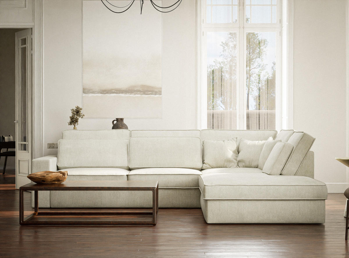 ECKSOFA Kirou Creme Chenille-Stoff - Rechts Seite - Creme/Schwarz, Holz/Holzwerkstoff (311/225cm) - Maison de Reve