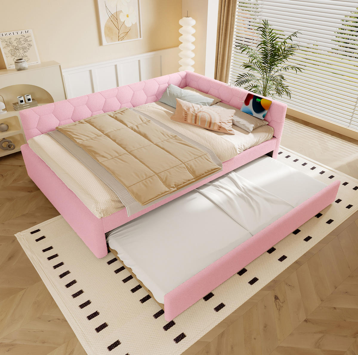 BETT 140/200 cm Rosa mit Ausziehbett und USB- und Type-C-Anschlüssen - Rosa, Textil (140/200cm) - Flora Grace