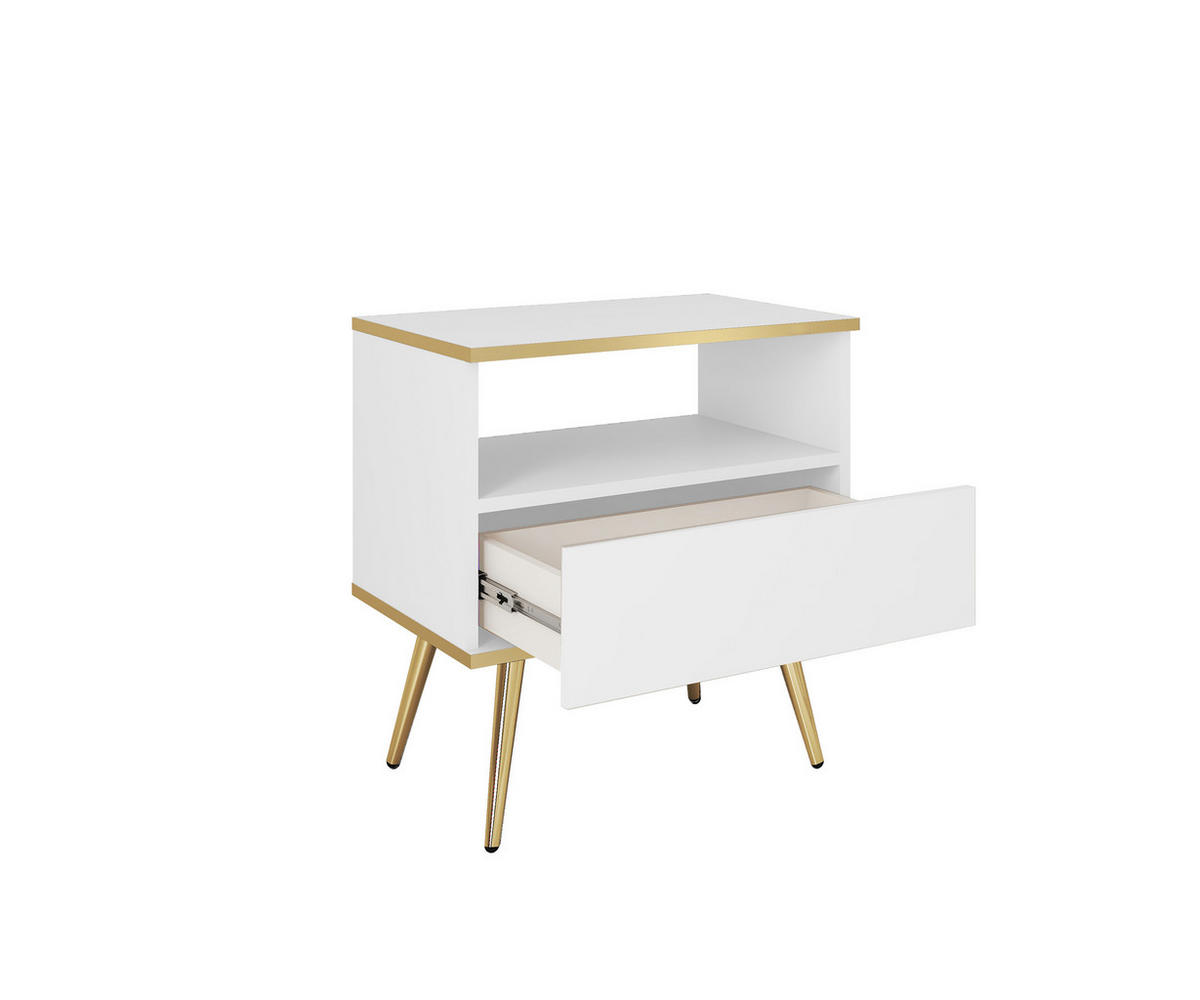 NACHTTISCH Weiß - S-54, Hochglanz, Schubladen Push-to-Open 54x39x59 cm Weiß/Gold - Goldfarben/Weiß, Holzwerkstoff/Kunststoff (54/59/39cm) - DomoHome
