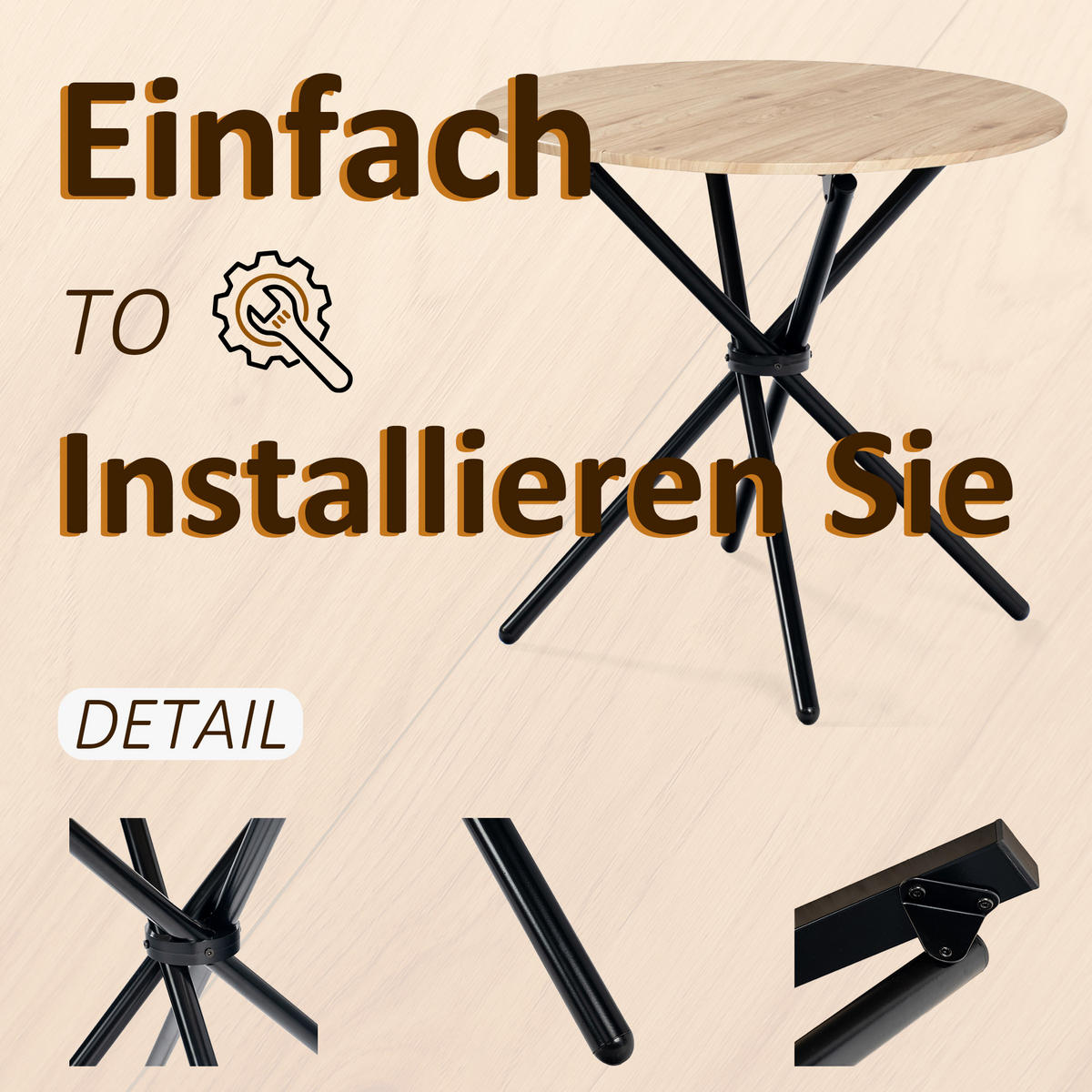 ESSZIMMER SET – 1 Tisch + 2 Stühle – Holzoptik & Beige Stoff - Beige, Holzwerkstoff/Metall (80/75/80cm) - Urban Meuble