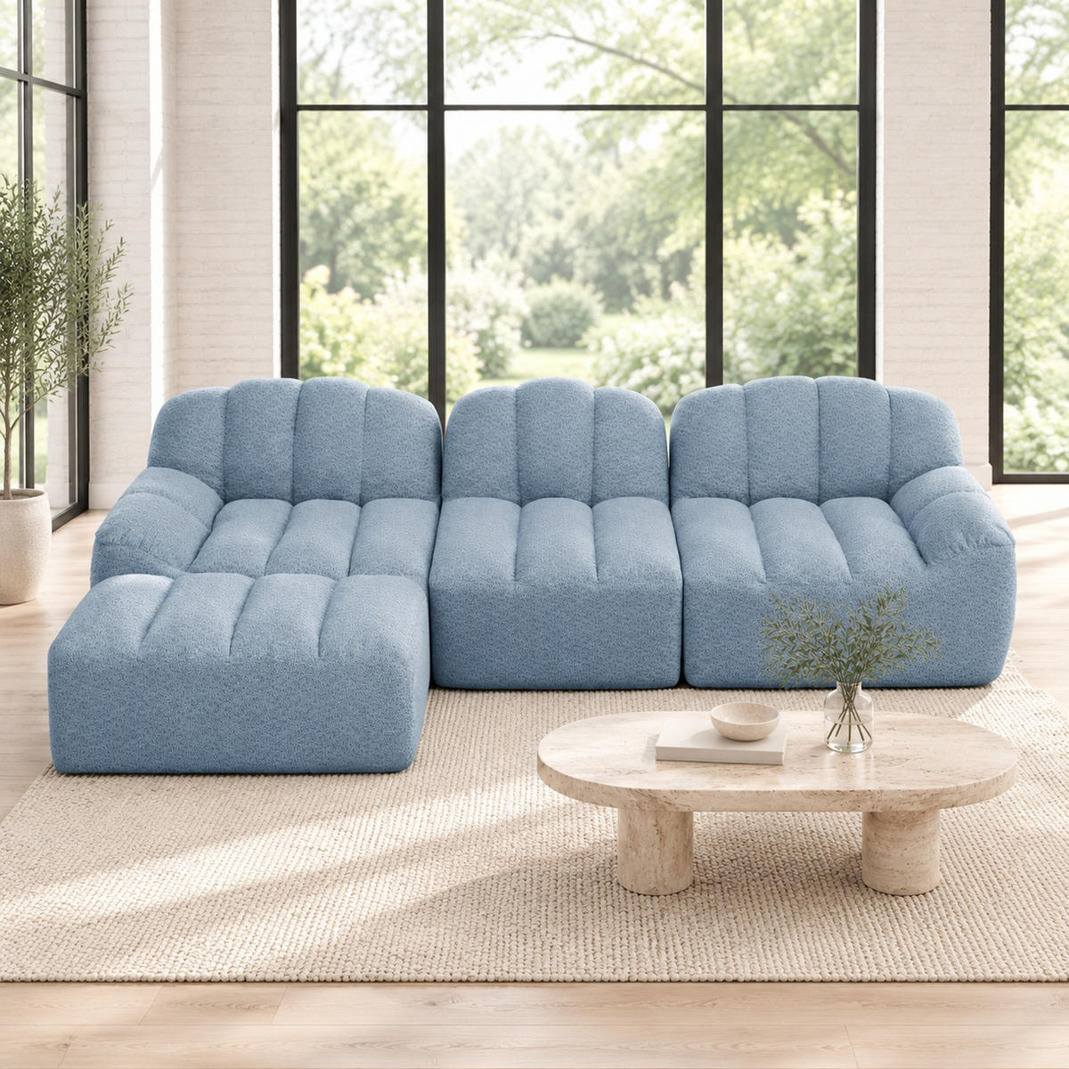 MODULARES Ecksofa mit Ottomane, granulierter Fleece, Blau 288x165x79 cm, 3-Sitzer - Blau, Textil (165/288cm) - IVMEU