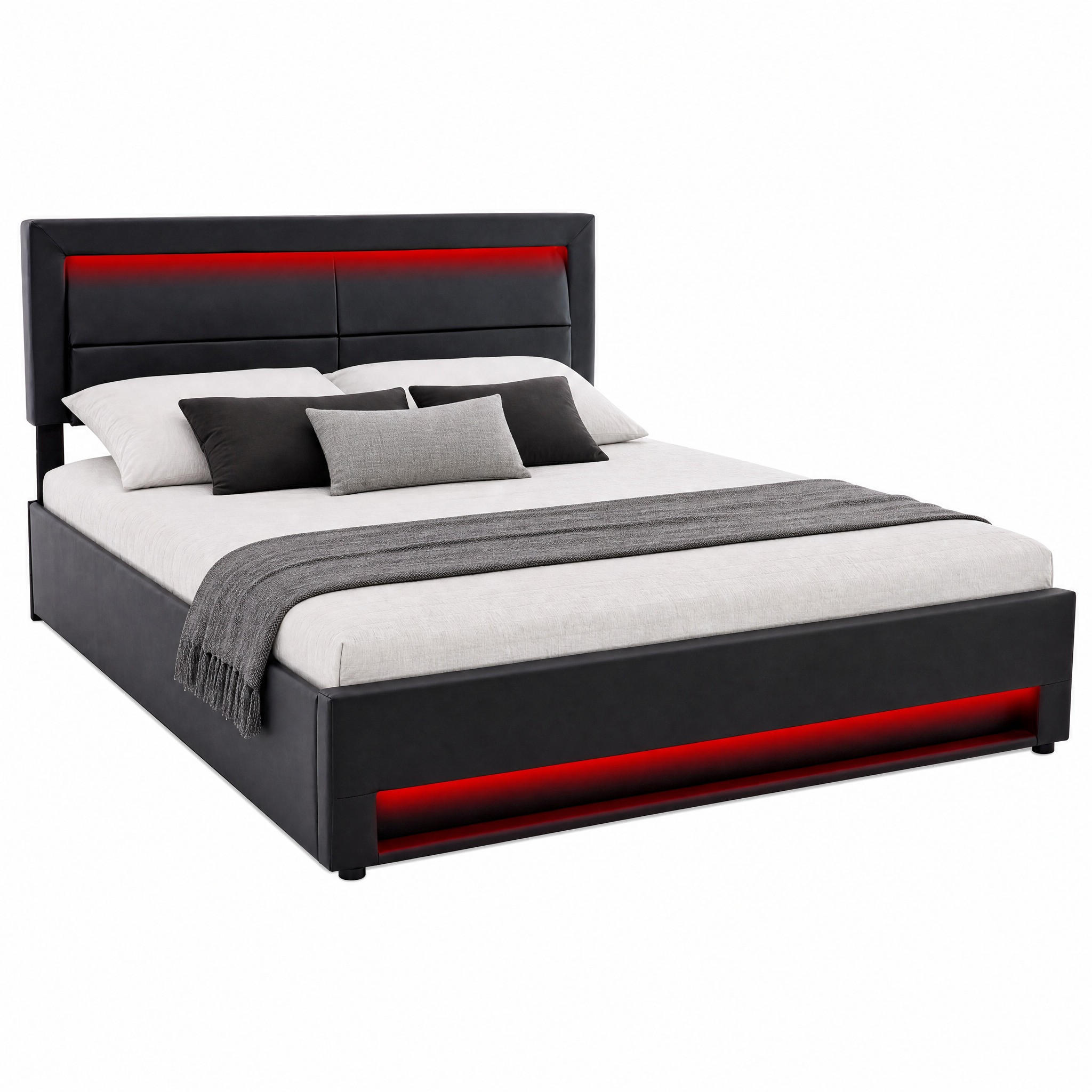 POLSTERBETT mit Stauraum, USB und LED 160x200 cm PU Black - Schwarz, Metall (160/200cm) - Meubliv