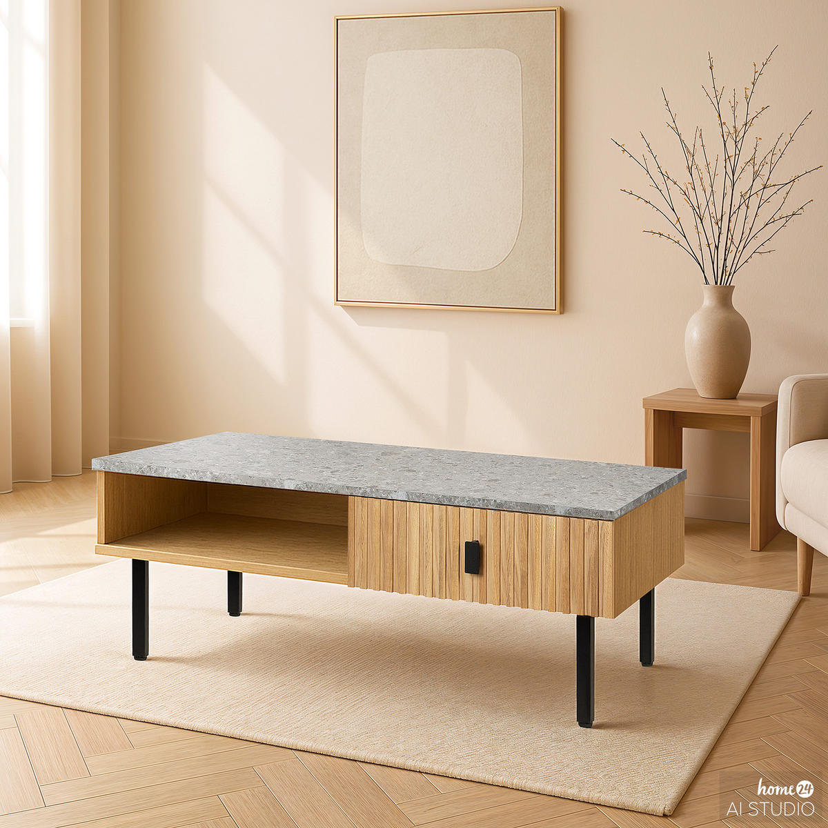 COUCHTISCH - Echtholzfurnier - Terazzo Dekor - Eichefarben/Schwarz, Holzwerkstoff/Metall (40/120/60cm) - home24