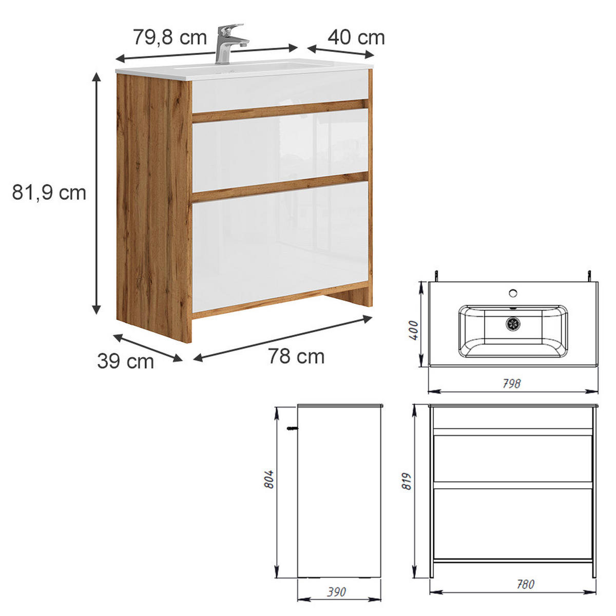 TOALETNÍ SKŘÍŇKA PRO UMYVADLO Detmold Zlatý mocný dub - medově dubová, kompozitní dřevo (79.8/81.9/40cm) - Vicco
