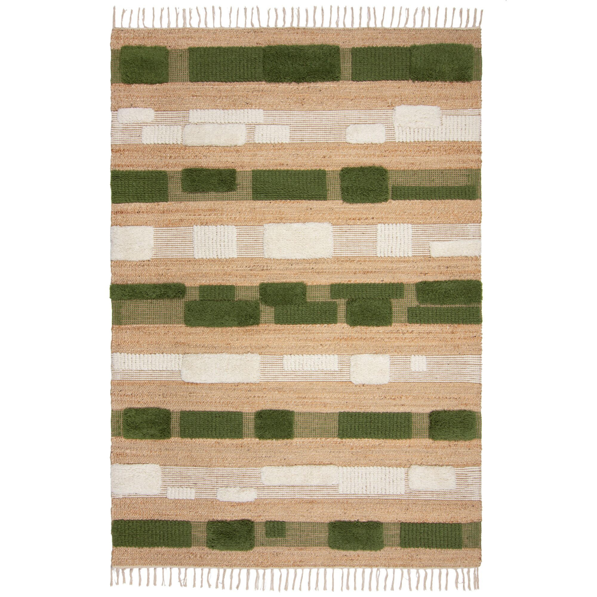 TEPPICH Hoch-Tief Struktur Gestreift, Patchwork-Optik, mit Fransen wendbar, Esszimmer schmutzabweisend Natur-Grün Rechteckig 120x170 - Grün, Textil (170/120cm) - KADIMA DESIGN
