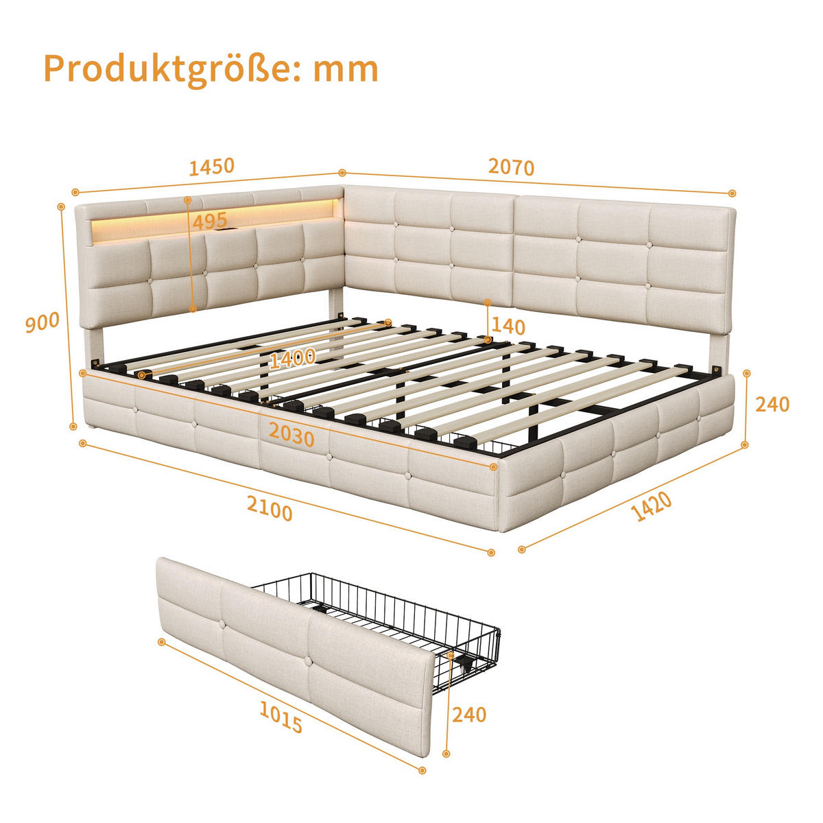 POLSTERBETT 140x190cm Tagesbett mit LED-Beleuchtung und Schublade Leinen Beige - Beige, Textil (140/190cm) - DELFA