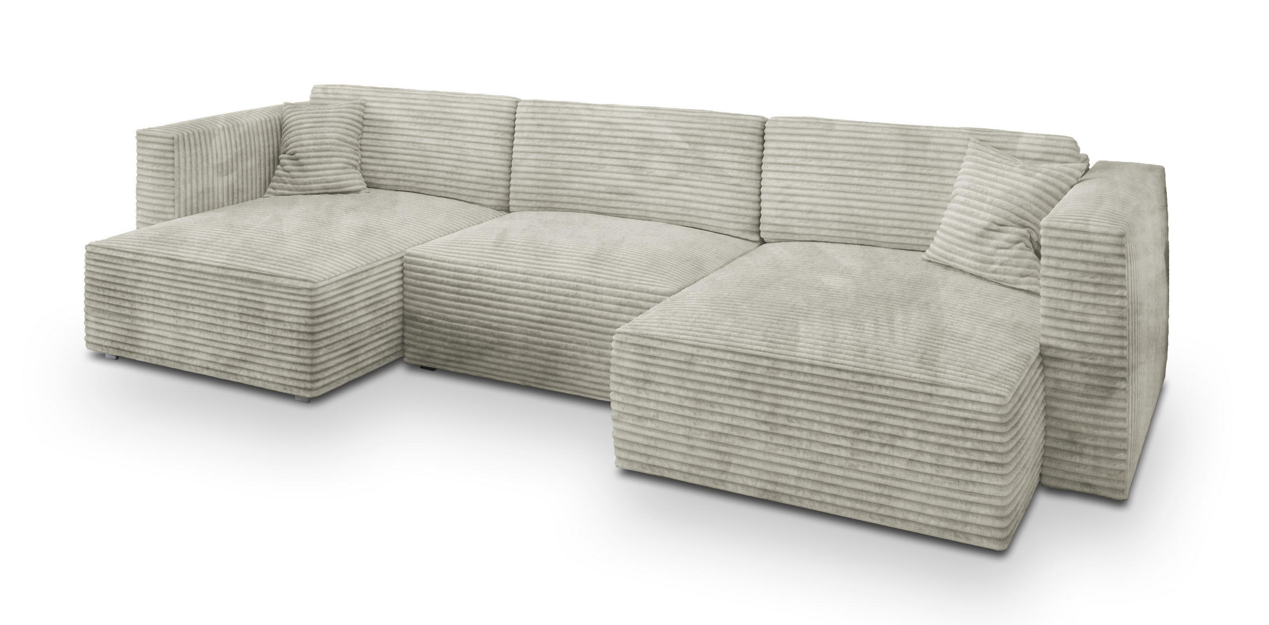 WOHNLANDSCHAFT SARMO Hellgrau Kordstoff mit Schlaffunktion - Hellgrau, Holz (347/90/148cm) - MASSENO