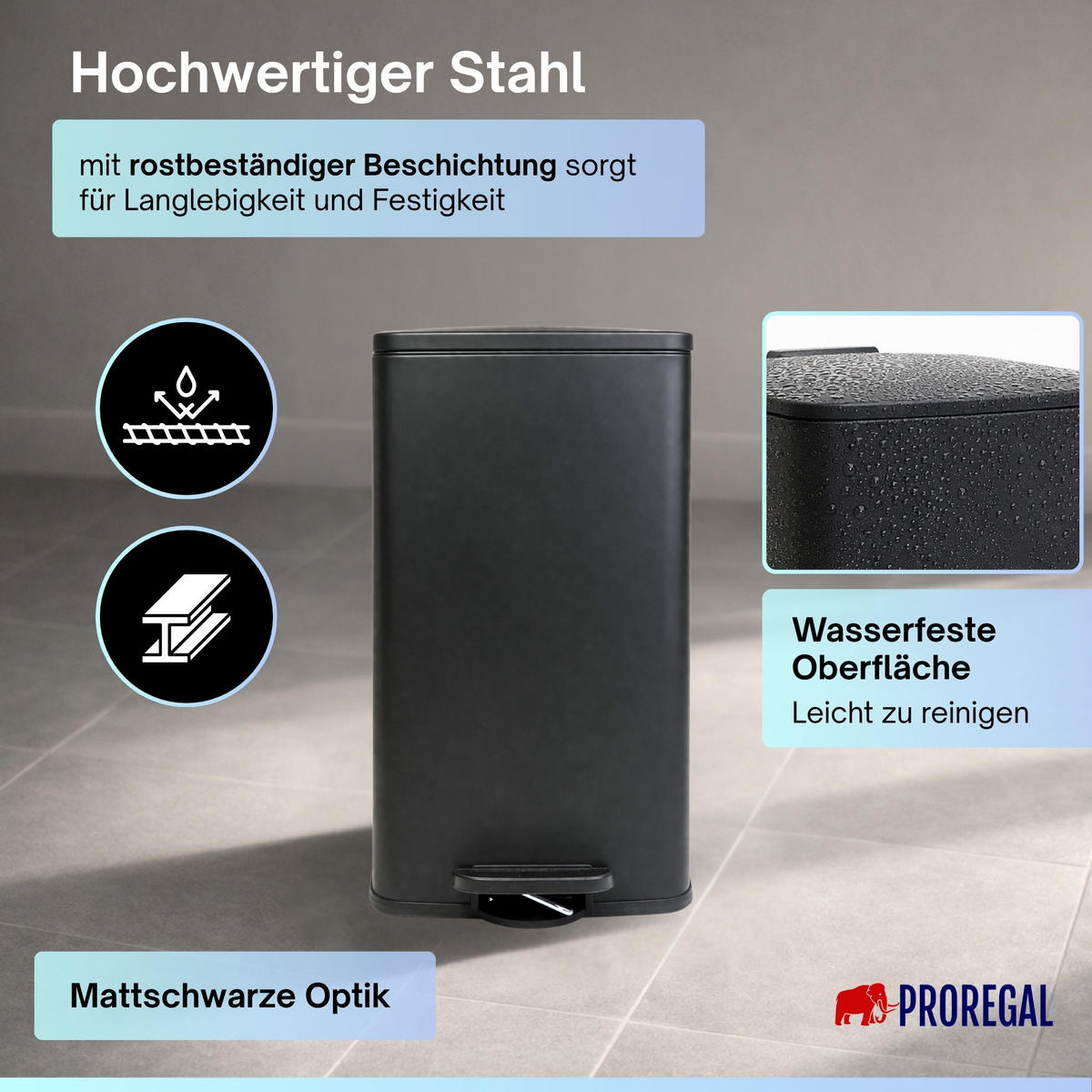 MÜLLEIMER 50 Liter mit Softclose & Fußpedal - Schwarz, Metall (41.5/67.5/49cm) - PROREGAL