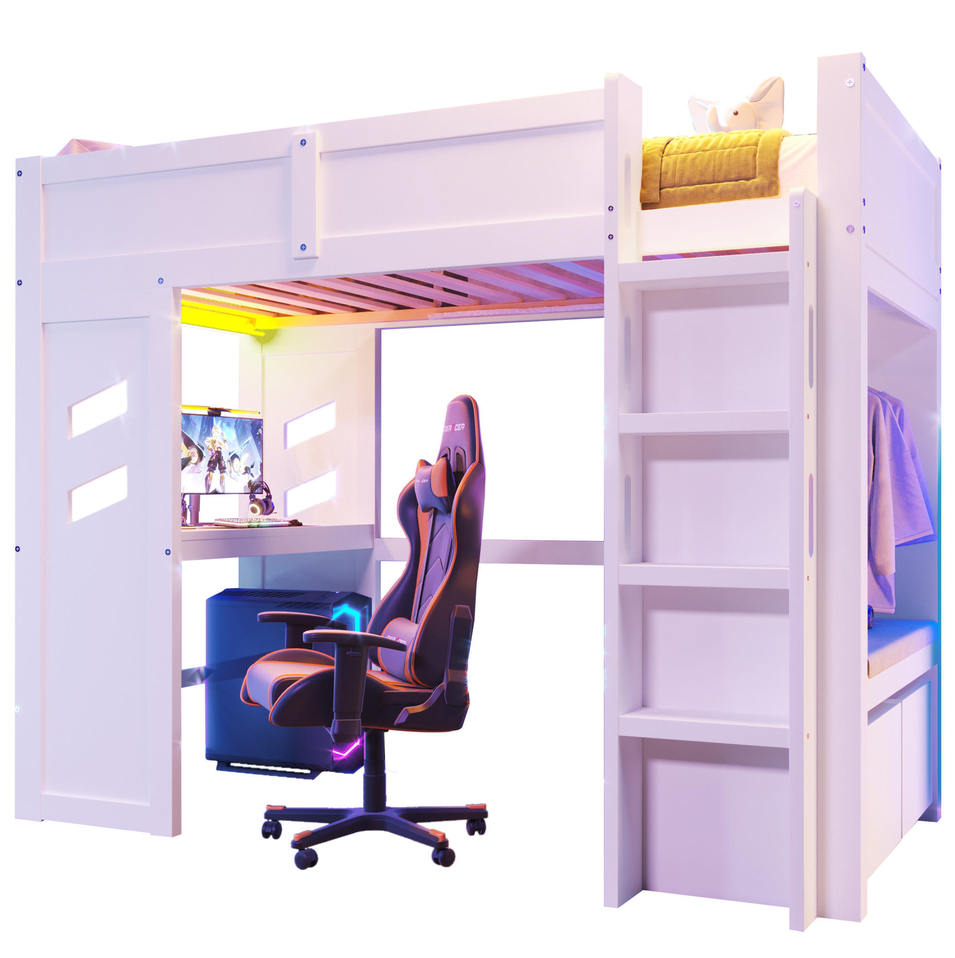 HOCHBETT 90/200 cm Weiß mit Schreibtisch, LED und Stauraum - Weiß, Holz (90/200cm) - MIVRAY
