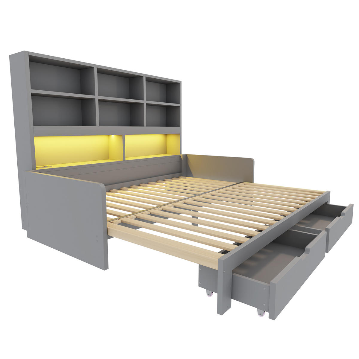 AUSZIEHBETT 90/180/200 cm mit Stauraum und LED, DE-41639, in Grau - Grau, Holzwerkstoff (90/200cm) - ComfortXL