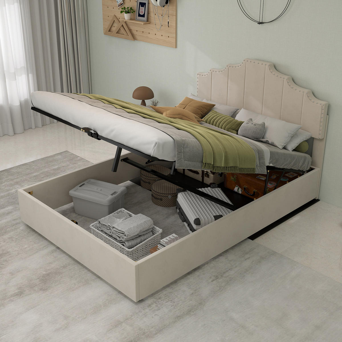 POLSTERBETT 140/200 cm in Beige Stoff mit Geometrischem Kopfteil - Beige, Holzwerkstoff/Textil (140/200cm) - WISHDOR