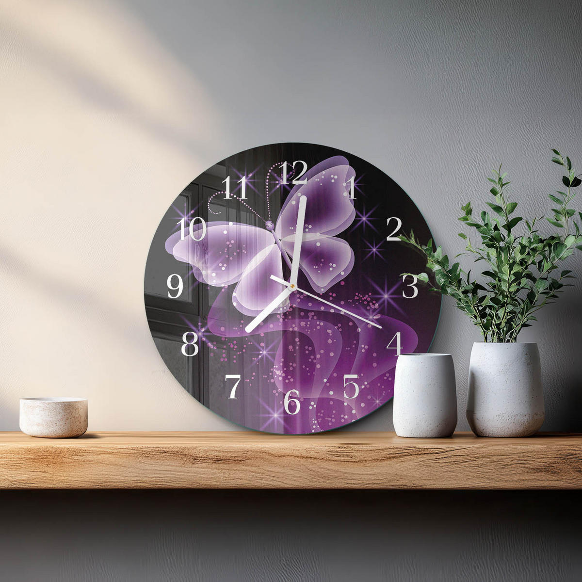 WANDUHR fi30 cm - Schmetterling - Lila, Glas (30/30/0.4cm) - TULUP