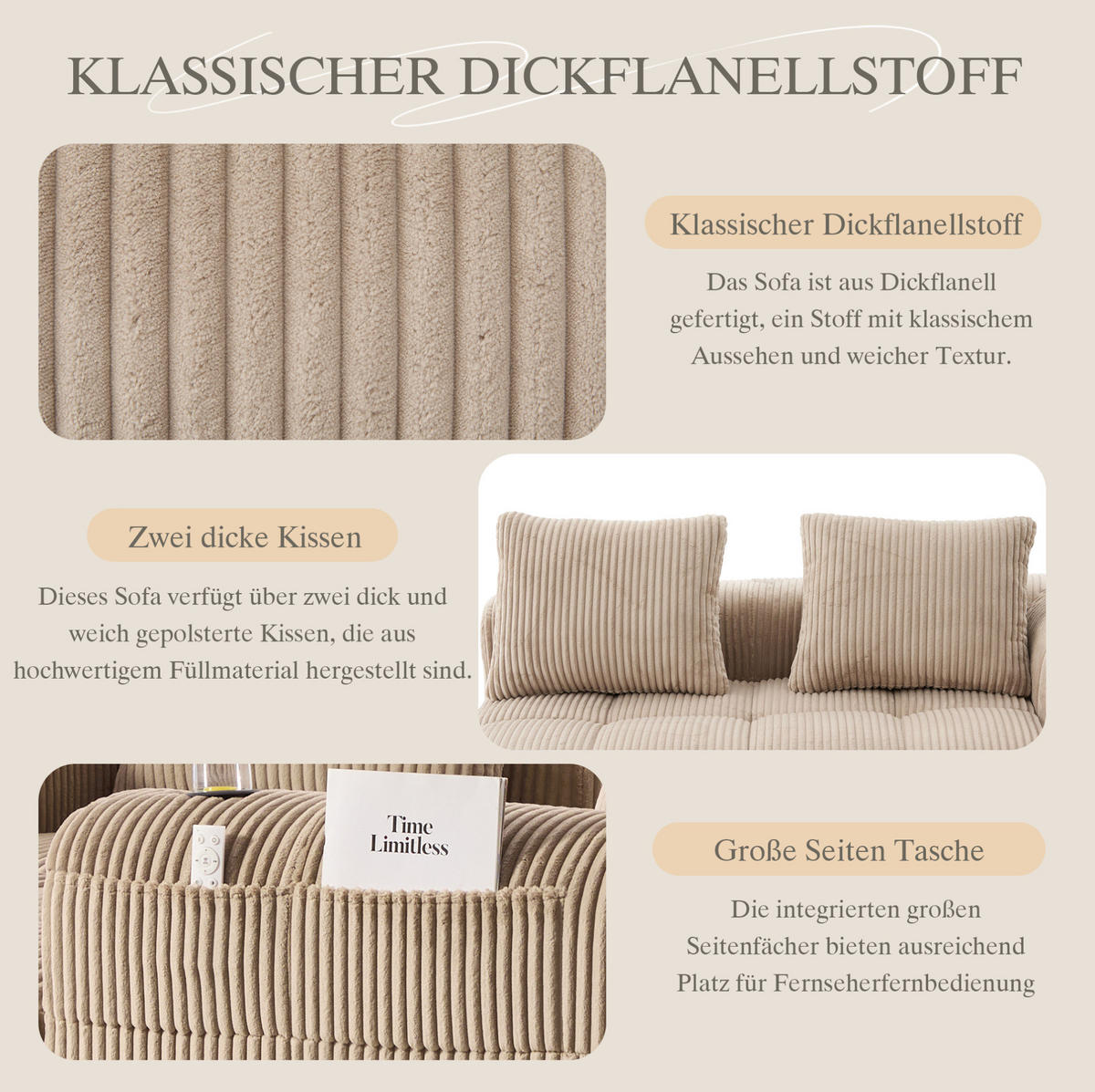 2-SITZER Sofa aus Cord 158x93x61 cm in Beige mit Seitenfächern & Becherhaltern - Beige, Textil (93/61/158cm) - Modfu