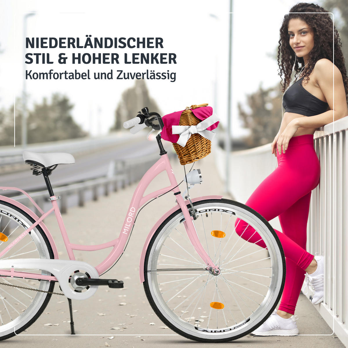 CITY-FAHRRAD Milord mit Weidenkorb, 28 Zoll, Rosa, 3-Gang - Pink, Metall (46cm) - Milordbikes