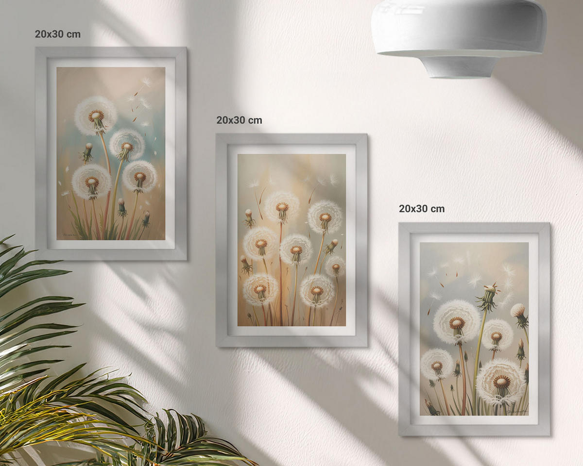 BILDER SET 3er Set - 20x30 cm Silberner Rahmen - Pastellfarbene Löwenzahnblüten - Silberfarben, Kunststoff (20/30cm) - TULUP