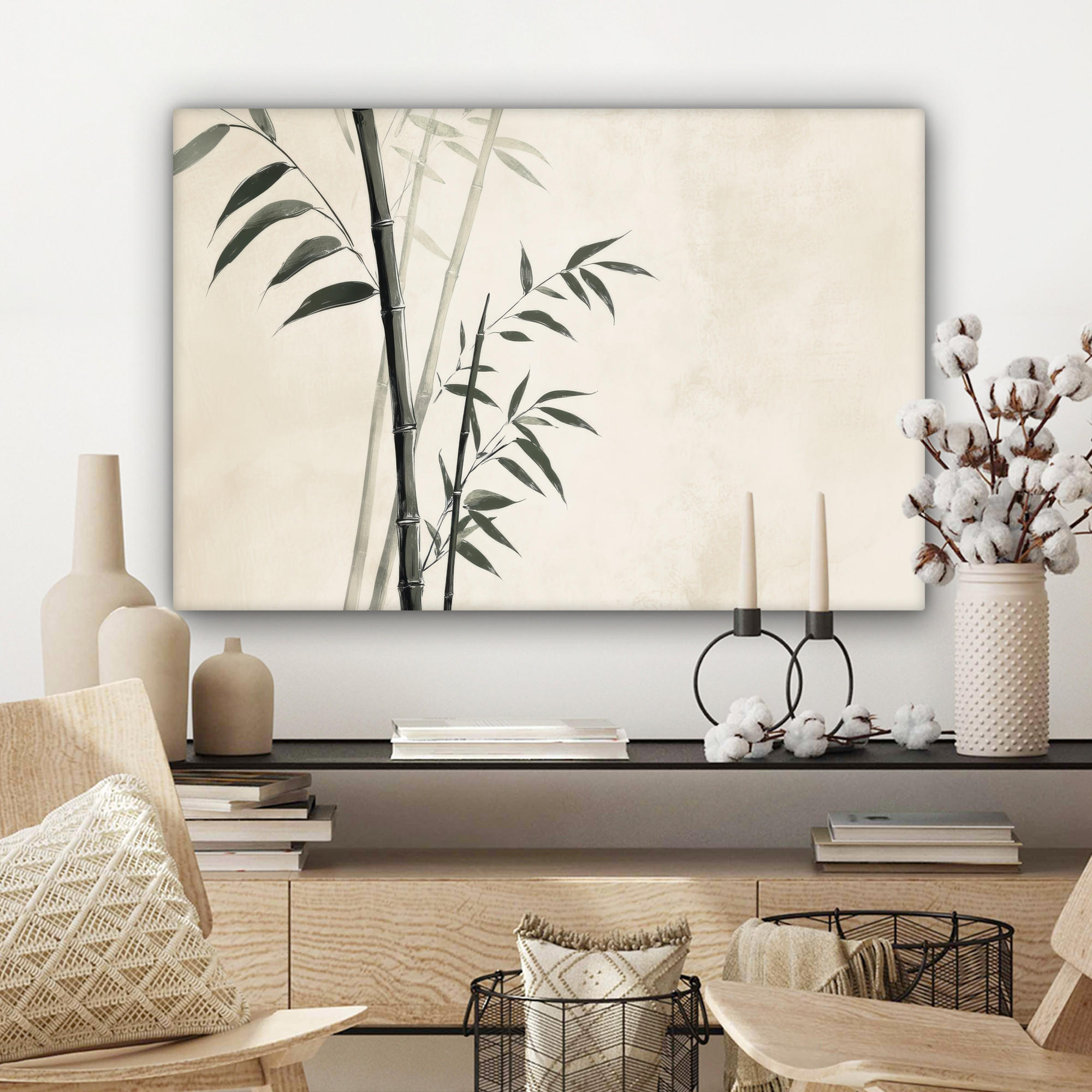 LEINWANDBILD Japandi - Bambus - Beige Gemälde 60x40 cm - Eukalyptusholzfarben, Textil (60/40cm) - MuchoWow