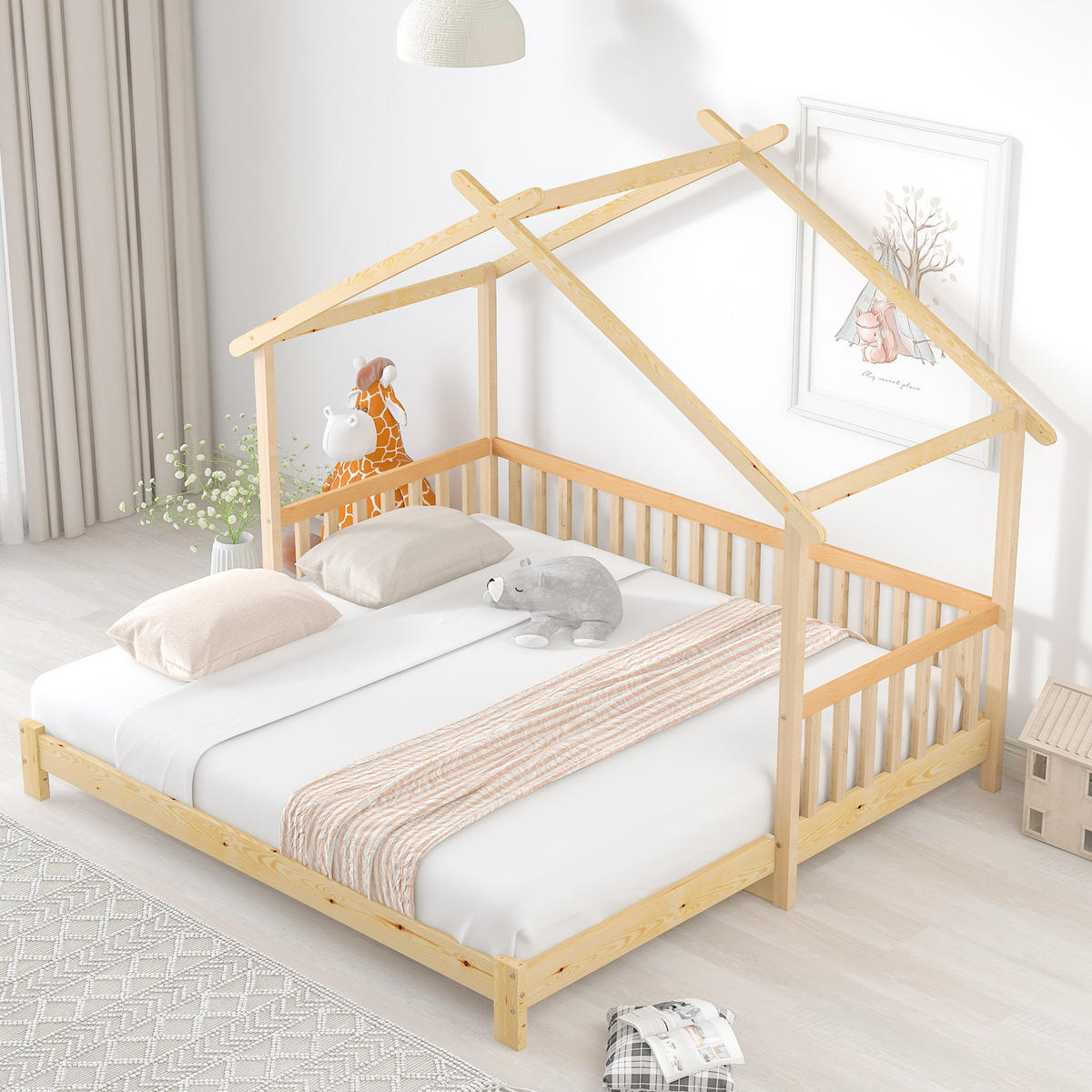 HAUSBETT 90/200 cm Natur aus massivem Holz ausziehbar - Naturfarben, Holz (90/200cm) - OKWISH