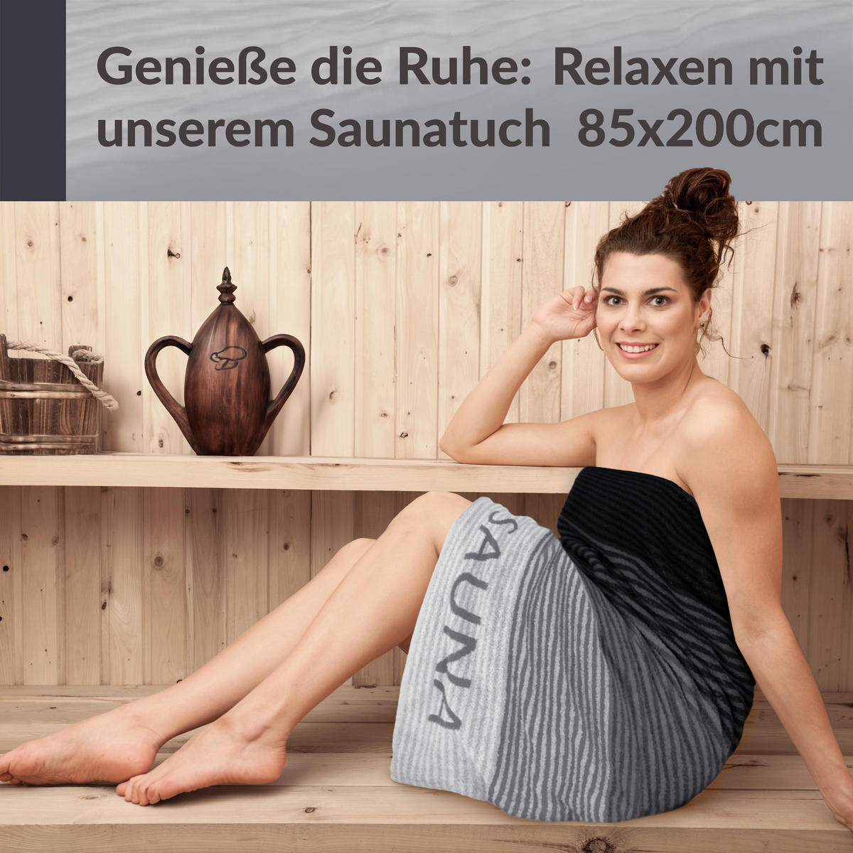 SAUNAHANDTUCH Helsinki Grau – Schwarz 85x200 cm - Schwarz/Grau, Naturmaterialien (85/200cm) - Lashuma