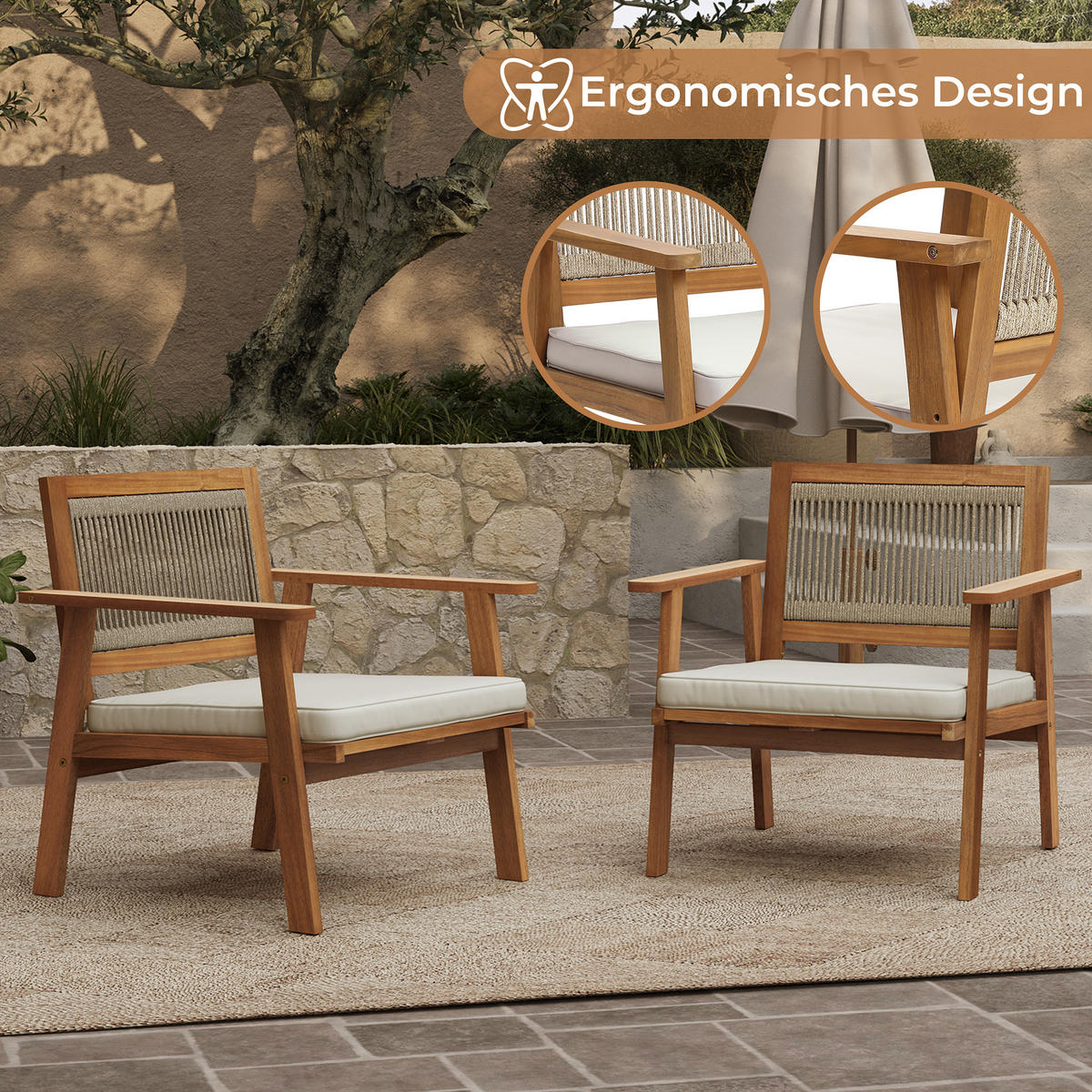75CM Outdoor-Armlehnstühle aus Akazienholz mit Seilrückenlehne und Kissen, 2er-Set - Akaziefarben, Holz (64/74.5/64cm) - Hometopia