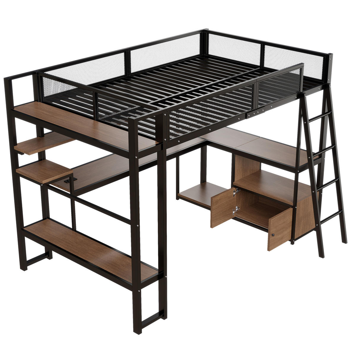 METALL-HOCHBETT aus MDF und Metall 140x200 cm Schwarz mit Arbeitsplatz, LED-Beleuchtung und Stauraum - Schwarz, Holzwerkstoff (140/200cm) - Modfu