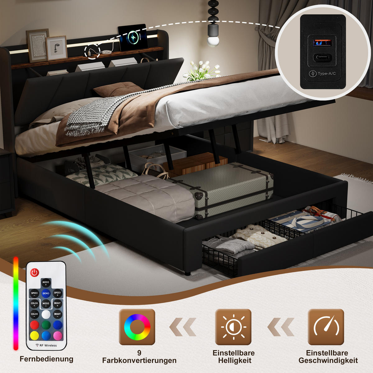 POLSTERBETT 160x200 cm, Bett mit LED-Beleuchtung, Grau Leinen - Schwarz, Metall (160/200cm)