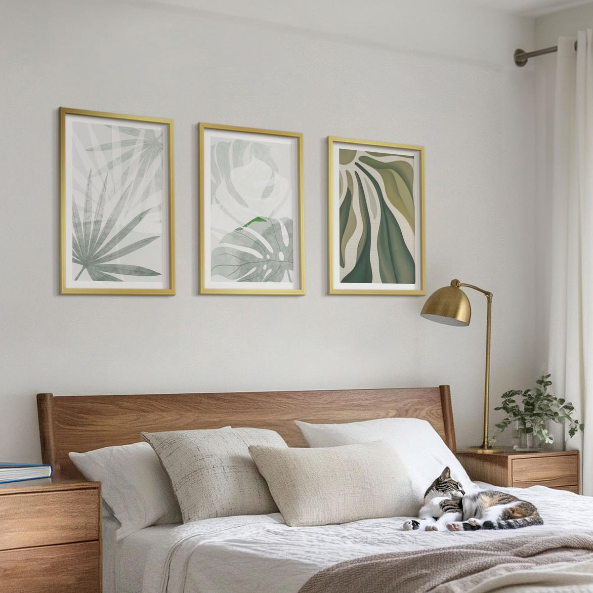 WANDBILDER 3er Set - 40x60 cm Goldrahmen - Blätter von Pflanzen in Grün und Grau - Goldfarben, Kunststoff (40/60cm) - ArtPrintCave