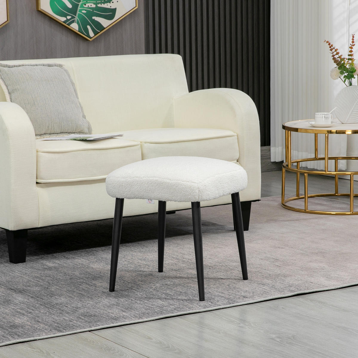 FUSSHOCKER Sitzhocker Quadratischer Schminkhocker mit Kaschmir-Optik, Stahlbeine - Creme, Kunststoff (42/44/42cm) - HOMCOM
