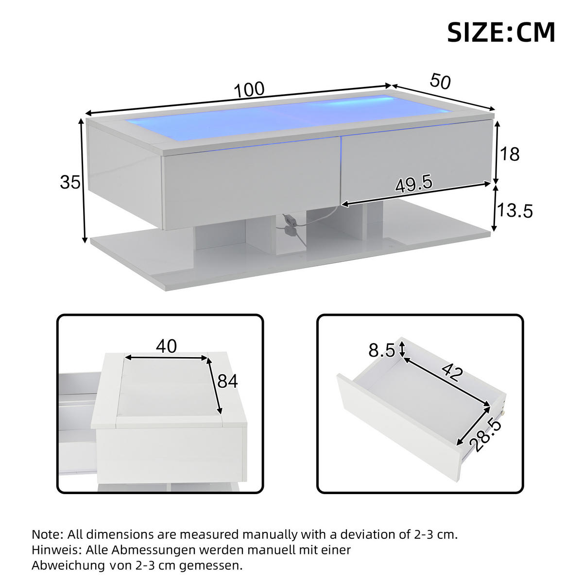 COUCHTISCH 100/50/35 cm Weiß aus Holzwerkstoff mit LED-Lichtleiste und Glasplatte - Weiß, Holzwerkstoff (100/50/35cm) - OKWISH