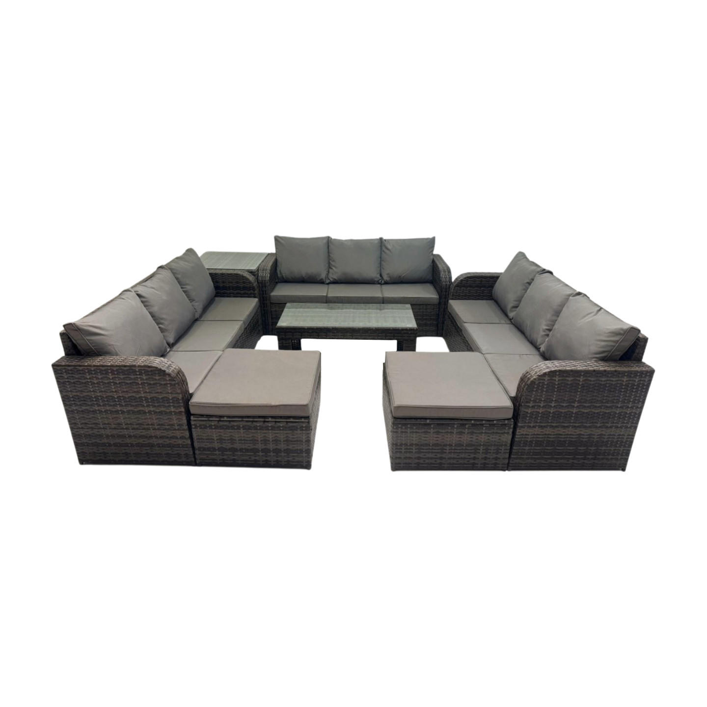 GARTENSOFA SET mit rechteckigem COUCHTISCH Polyrattan 11-Sitzer Dunkelgrau - Dunkelgrau/Grau, Glas/Kunststoff - Fimous