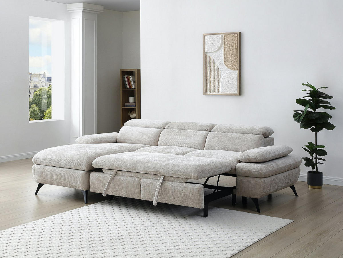 ECKSOFA mit Schlaffunktion mit Bettkasten - Ecke links - Strukturstoff - Beige - MORAVA - Beige, Textil (176/284cm) - Vente-Unique