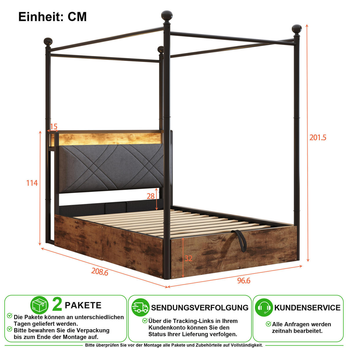 METALLBETT 90/190 cm in Schwarz mit Bettkasten, LED und USB - Schwarz, Holzwerkstoff/Metall (90/190cm) - CHICFURN