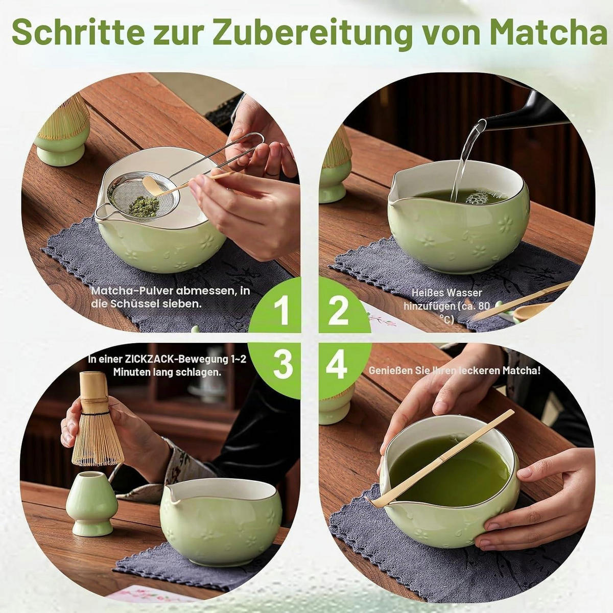 MATCHA Set 9-teiliges Set Kirschblüten-Grün - Grün, Keramik (10/10/15cm)