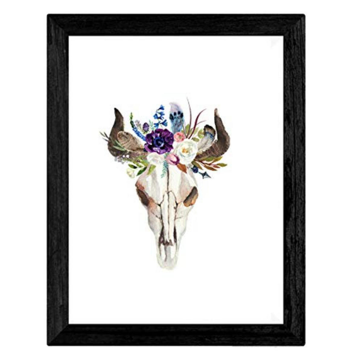 POSTER Set mit 4 bunte Federn und Blumen A4 Schwarzer Rahmen - Schwarz, Papier (29.7/3cm) - Nacnic