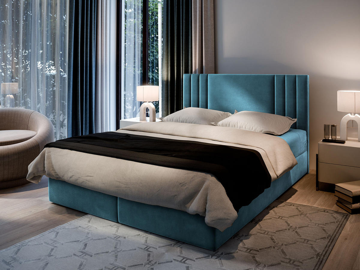 BOXBETT BRES 180x200 cm mit Matratze und Topper - Blau - Blau, Holz (180/200cm) - MASSENO