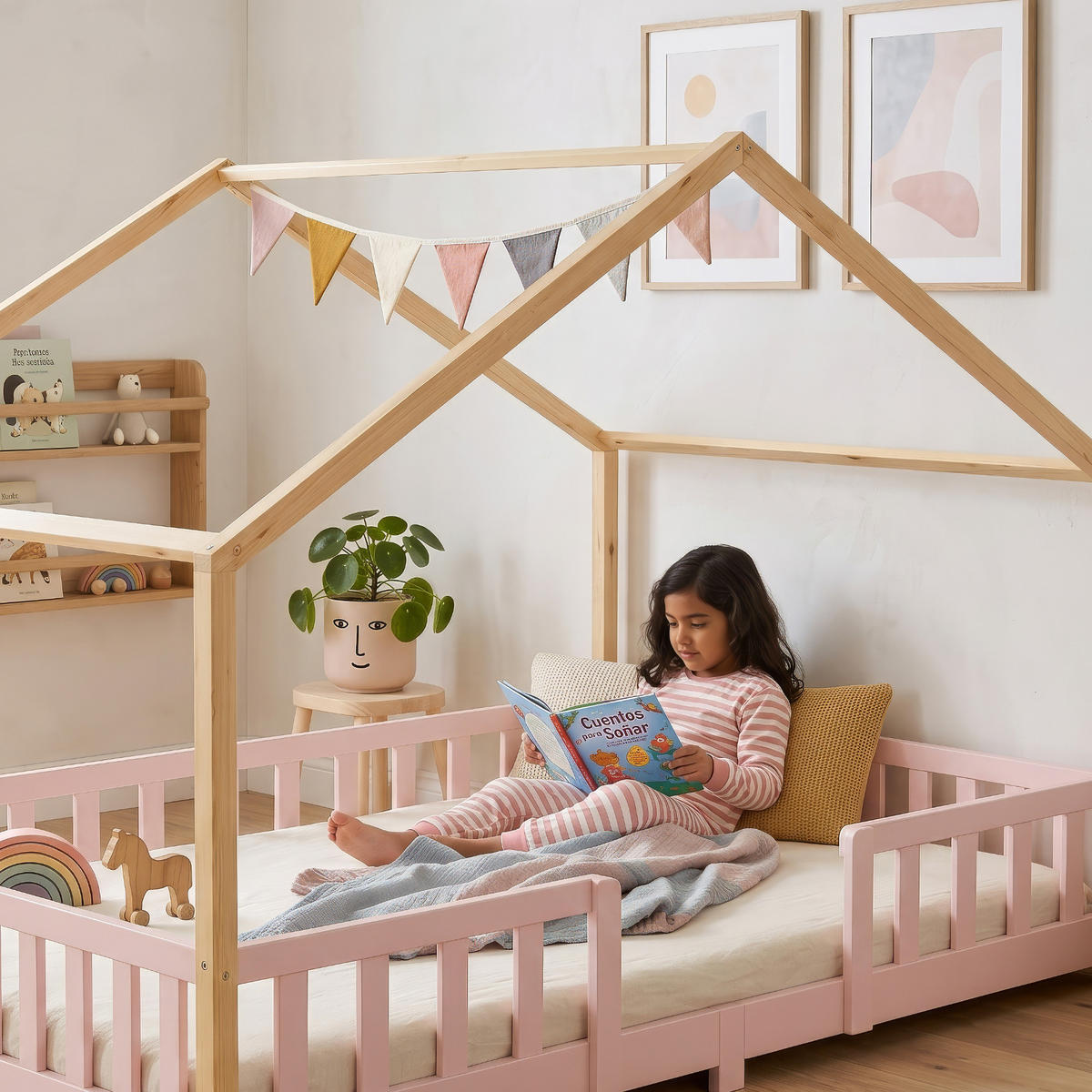 HAUSBETT Treviolo - Pink/Naturfarben, Holz (120/200cm) - [en.casa]