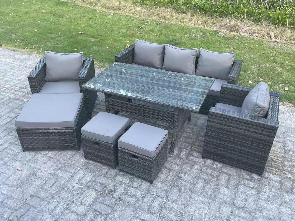 LOUNGEGARNITUR mit Stuhl Polyrattan Dunkelgrau 8-Sitzer - Dunkelgrau/Grau, Glas/Kunststoff - Fimous