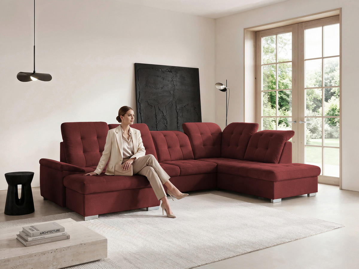 WOHNLANDSCHAFT ANON Ottomane Rechts, mit Schlaffunktion und Bettkasten, Bordeaux - Rot, Kunststoff/Textil (322/87/220cm) - Idohome